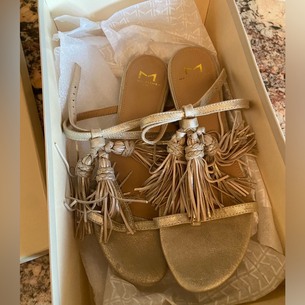 Marc Fisher Crystal Tassel Gold Suede ankle wrap sandal